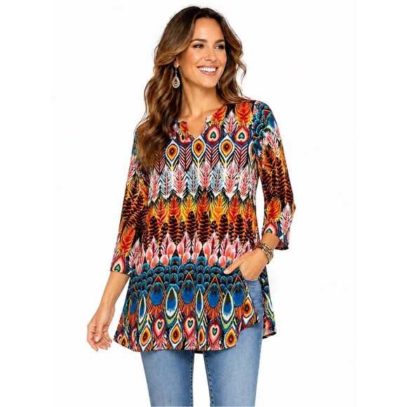 Unbranded Tops - Boho Peacock Feather Tunic Small Top Colorful Statement Flowy Blouse
